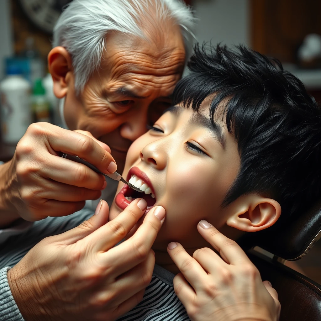 A portrait and facial shot of an elderly barber checking the teeth of a 12-year-old Korean boy who has a feminine appearance and is wearing makeup while lying on a barber chair.