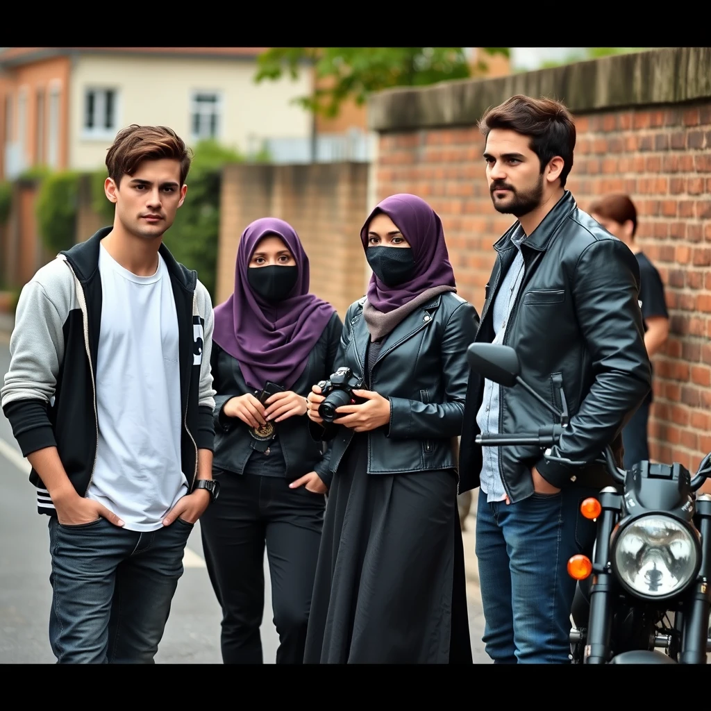 Jamie Dornan and Freddie Prinze, head and body shot, handsome, young, serious face, dark brown hair, white T-shirt, college jacket, skinny jeans, sneakers, standing, discussing with two guys and a Muslim girl in a short purple hijab, beautiful eyes, black face mask, black leather jacket, longest black leather skirt, holding a Canon DSLR camera, near a town road, superbike, hyper-realistic, street photography, brick wall, full-body photo, three other random friends in the back.