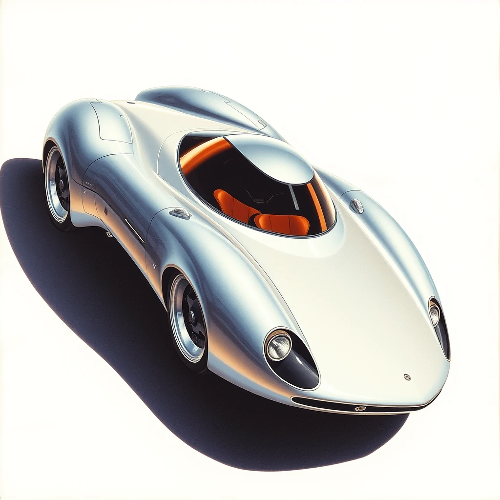 corner view, a retro-futuristic sports car concept, a painting by Syd Mead, sleek.