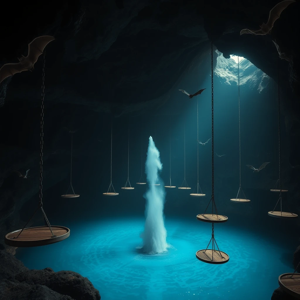 a large cavern, dimly lit. there is blue water filling the bottom of the cavern and a geyser is erupting. hanging from the ceiling in a row are a series of chains with round wooden platforms at the end of the chain that are suspended above the water. bats are flying around.