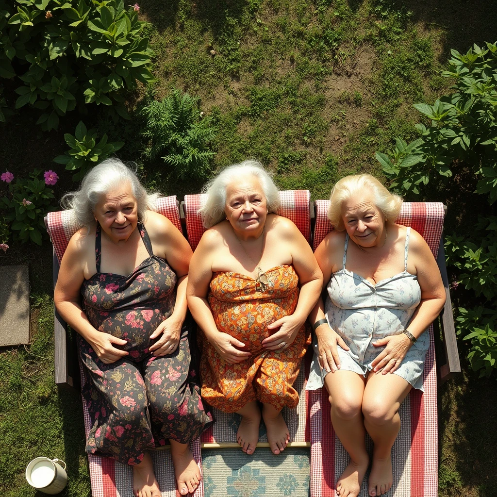 Three large old women tanning in the backyard, view from above.