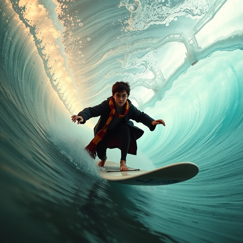 Photo realistic: Harry Potter surfing in a wave tunnel.