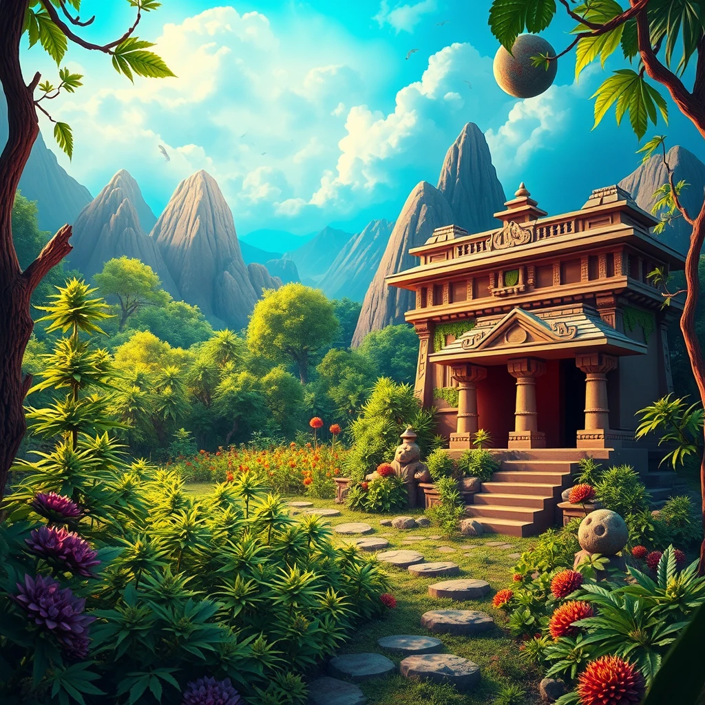 Background: Include a colorful and exciting backdrop with elements like a mystical forest, a cannabis farm, and an ancient temple to hint at various adventures. Ensure the background is vibrant and engaging. - Image