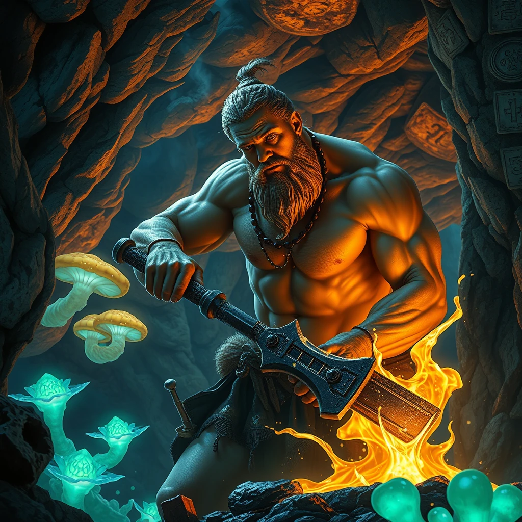 A legendary blacksmith forges a mythical weapon in a cavern workshop. Bioluminescent fungi and crystals illuminate the space in ethereal blues and greens, contrasting with the orange glow of the forge. The blacksmith, with statuesque features reminiscent of Greek sculptures, works shirtless, sweat glistening on marble-like skin. Rendered in a style blending high fantasy art with baroque dramatics, the scene captures the moment of striking, with liquid metal splashing in slow-motion arcs. Ancient runes carved into the cave walls seem to pulse with each hammer blow. - Image