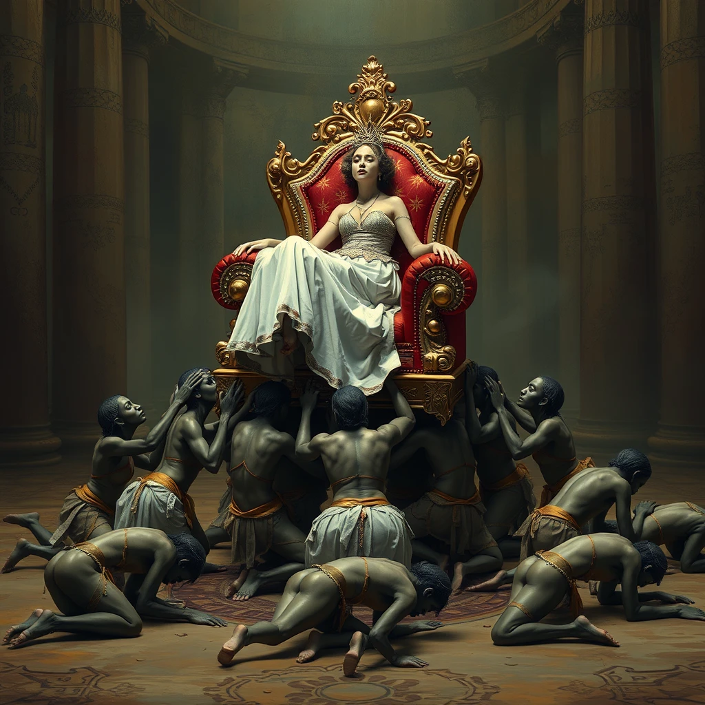 A group of female slaves is crawling on their knees, carrying a luxurious throne, with the queen sitting on top, resting.