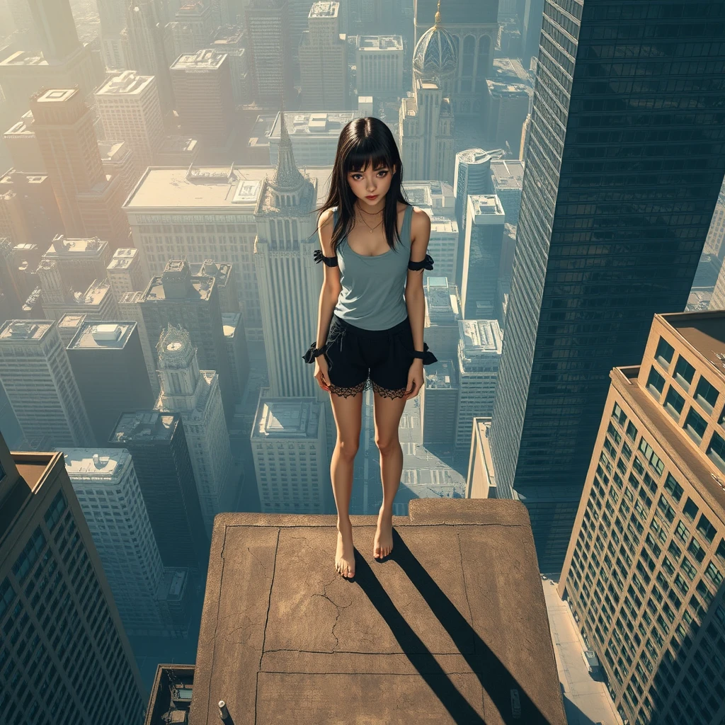 aerial view, giant stunning goth teen girl standing barefoot in city, realistic shadow - Image