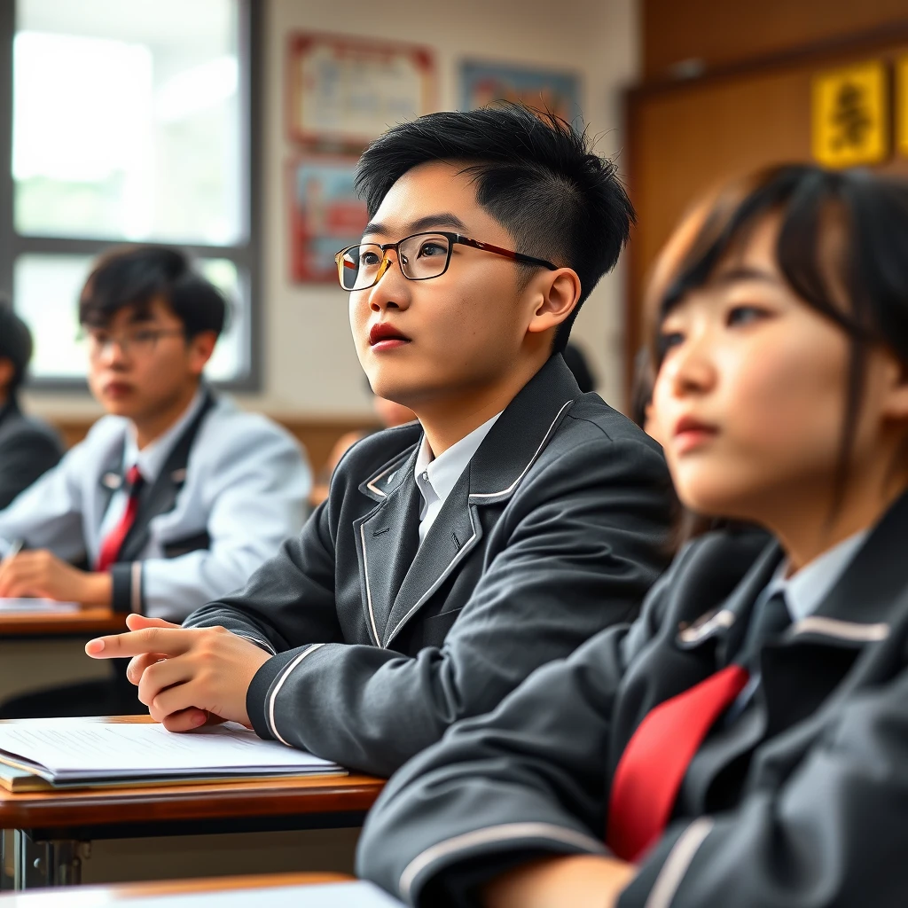 Realistic style: Chinese high school students in their uniforms are attentively listening to a lesson in a Chinese school classroom, imbued with a strong Chinese character. - Image