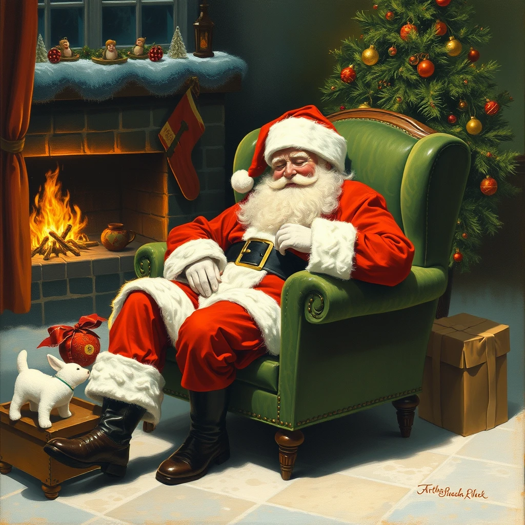 Santa is passed out in his easy chair after a long night, as painted by Arthur Sarnoff 1952.