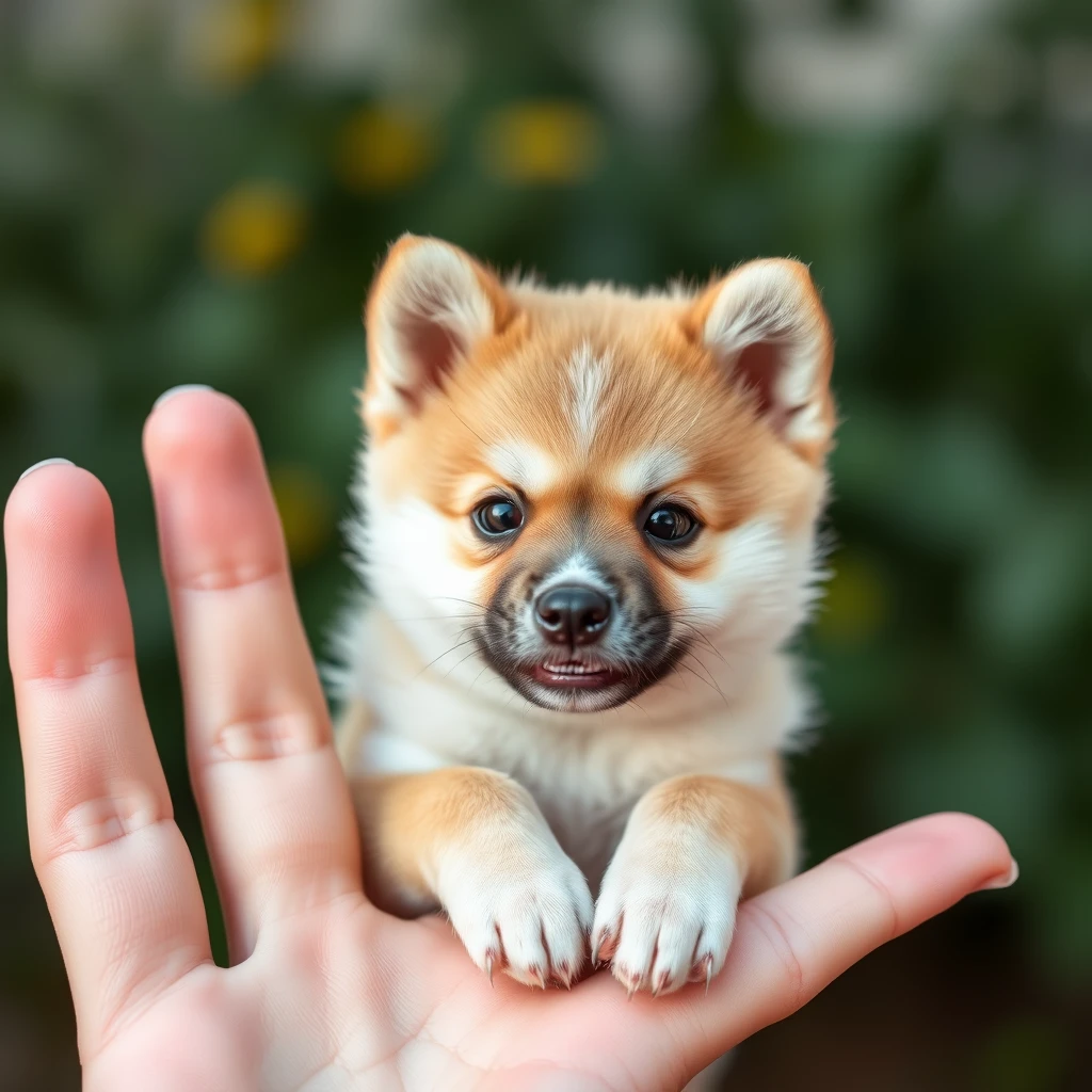 A very very very small tiny cute Akita dog on four in finger