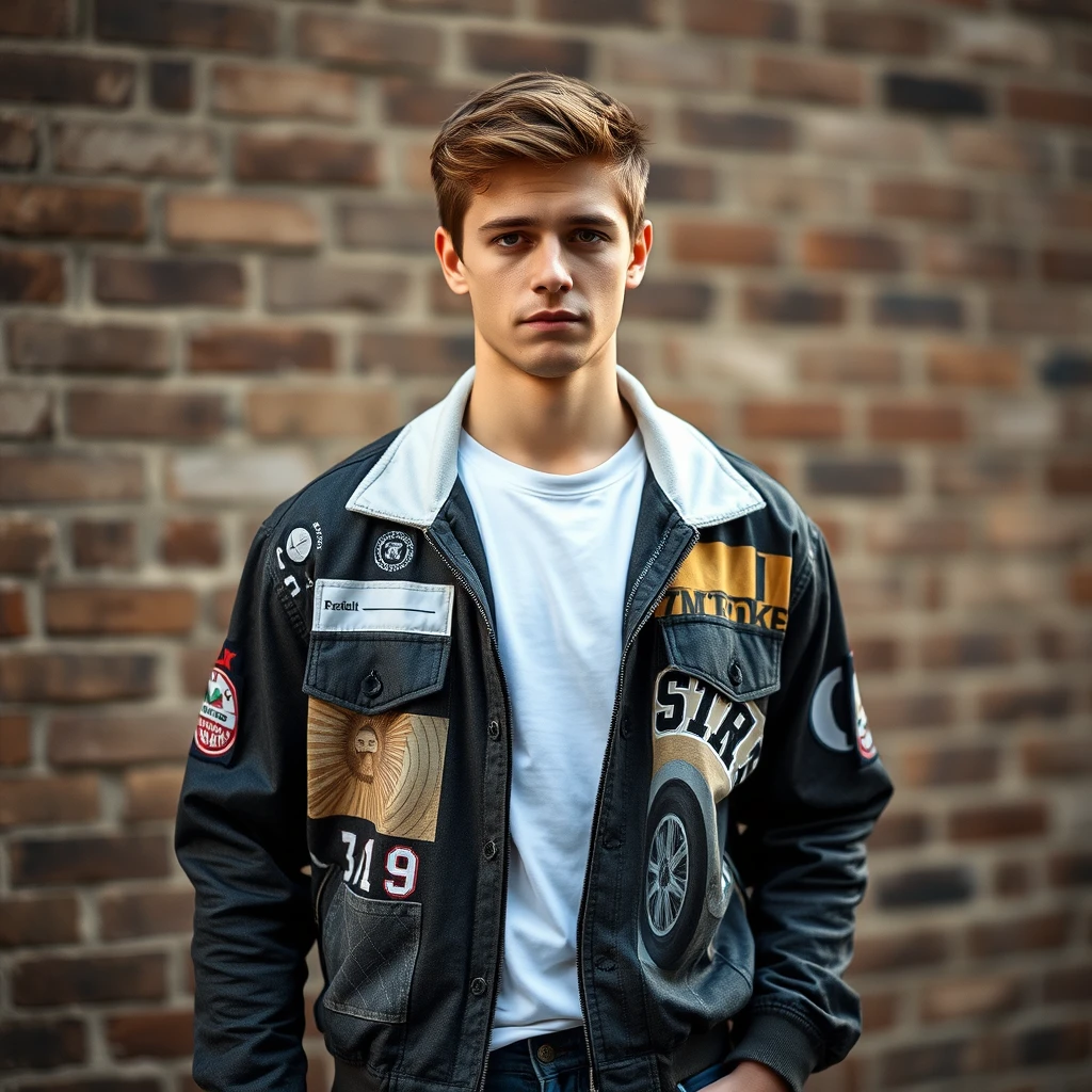 Freddie Prinze head and body shot, handsome, young, serious face, white T-shirt, collage jacket, jeans, sneakers, hyper-realistic, street photography, brick wall.