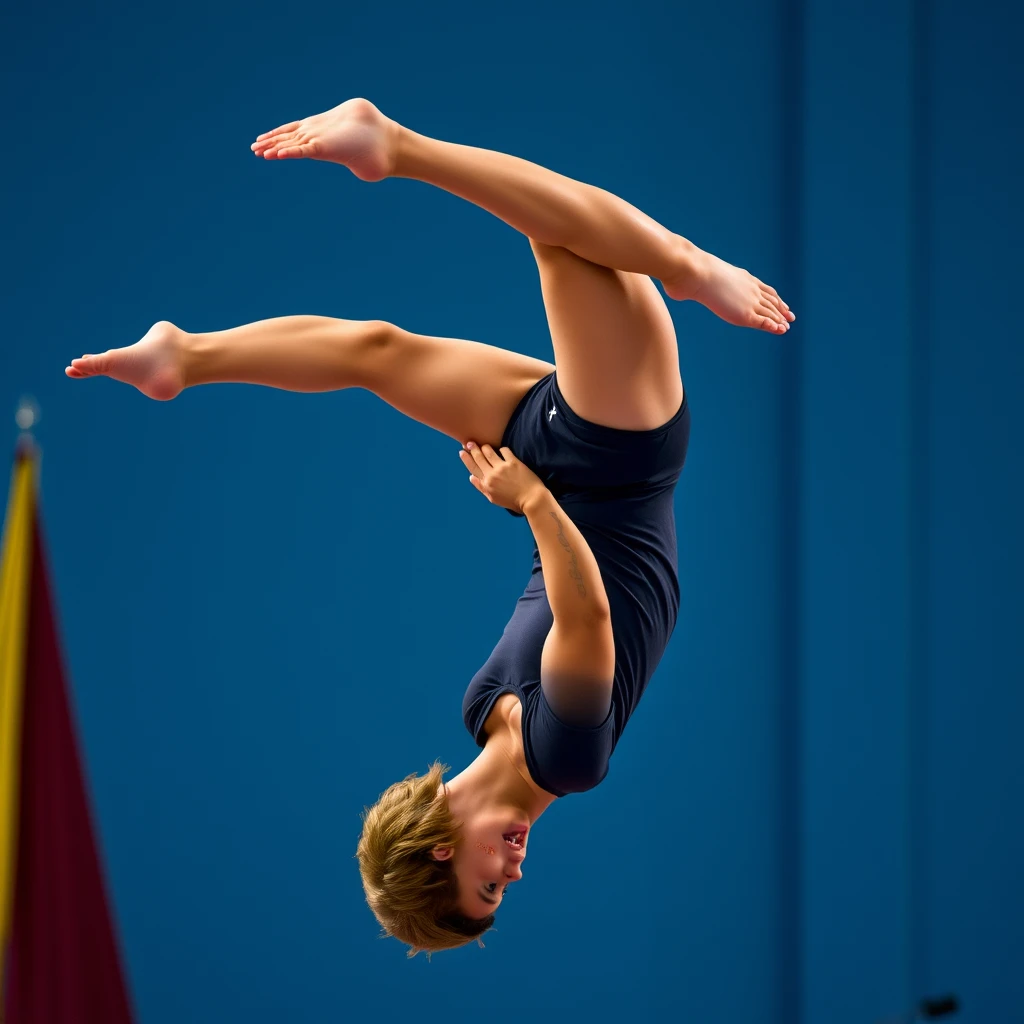 Gymnast doing a flip while eating hamburger