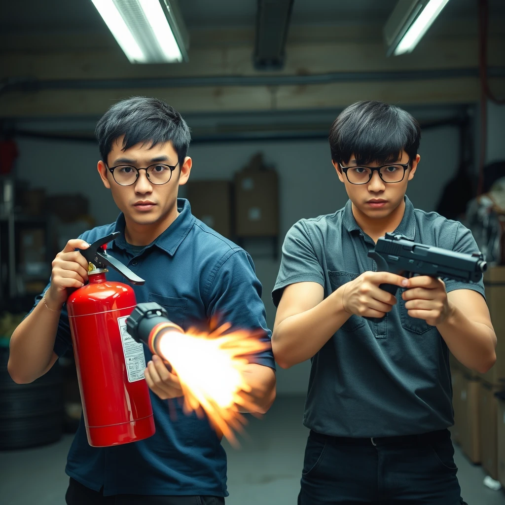 21-year-old very fair-skinned Italian man, wearing round glasses, with short black hair, holding a very large fire extinguisher flamethrower. And a 21-year-old Northern Chinese man, with a thin, long face, wearing square glasses, with mid/long fringe black hair, holding a Glock. Both are angry, with murderous intent, in a garage setting.