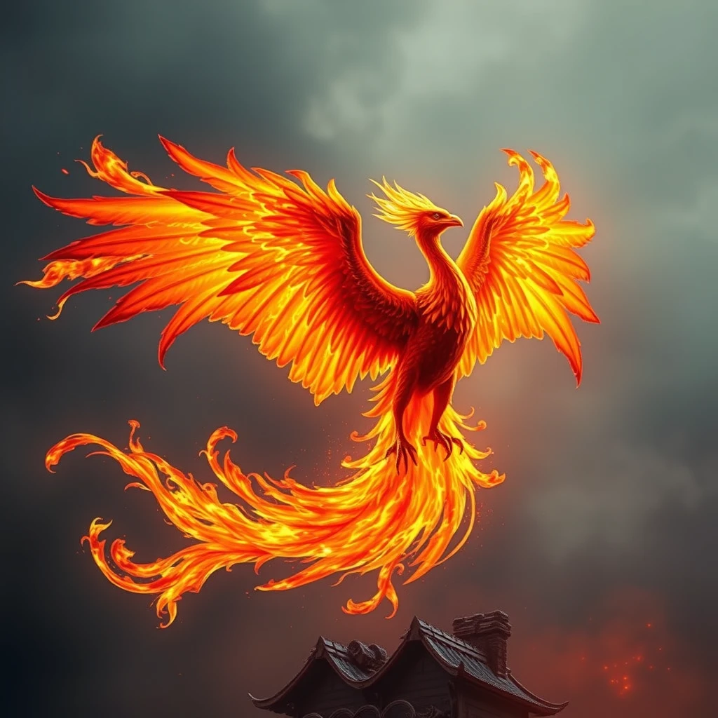 "make a Phoenix that seemed to be about 30 meters tall and when it spread its wings, it measured 50, its skin had a color similar to the fire of a fireplace, but more intense, its tail appeared to be the most vibrant fire that any being could witness, approaching the divine." - Image