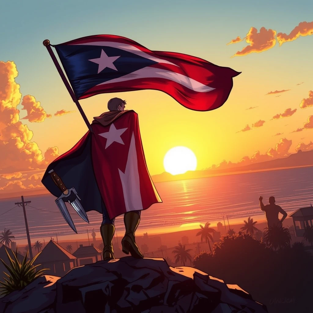 As the sun sets in Puerto Rico, a superhero emerges, their flag cape fluttering, machete emblem shining. With purpose, they patrol, ready to defend their homeland from any threat. Comic style, art by Todd Mcfarlane. - Image