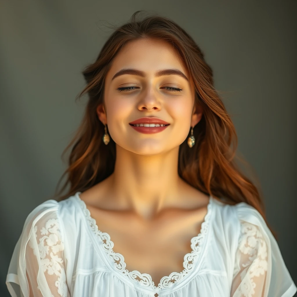 A serene, blissful scene of a young woman in a white dress.