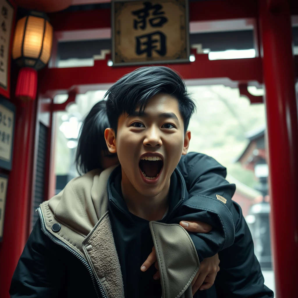 A young Asian man in a jacket is inside a Japanese shrine, surprised and screaming, looking at the viewer, as a beautiful oiran with an evil smile suddenly hugs him.