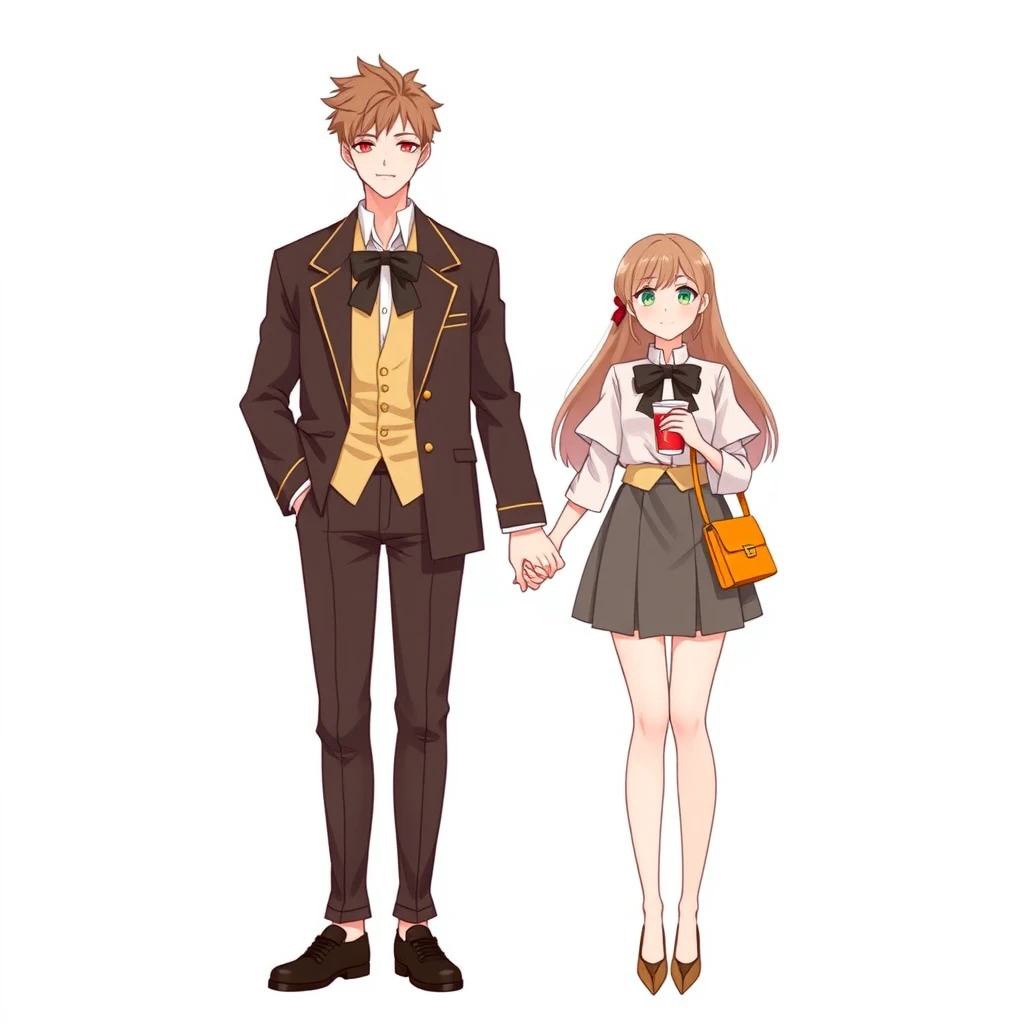 1 girl, 1 boy, tall, handsome, standing, couple, fashion, bow, masterpiece, best quality, simple background, cup, handbag, hand in hand, front view. - Image