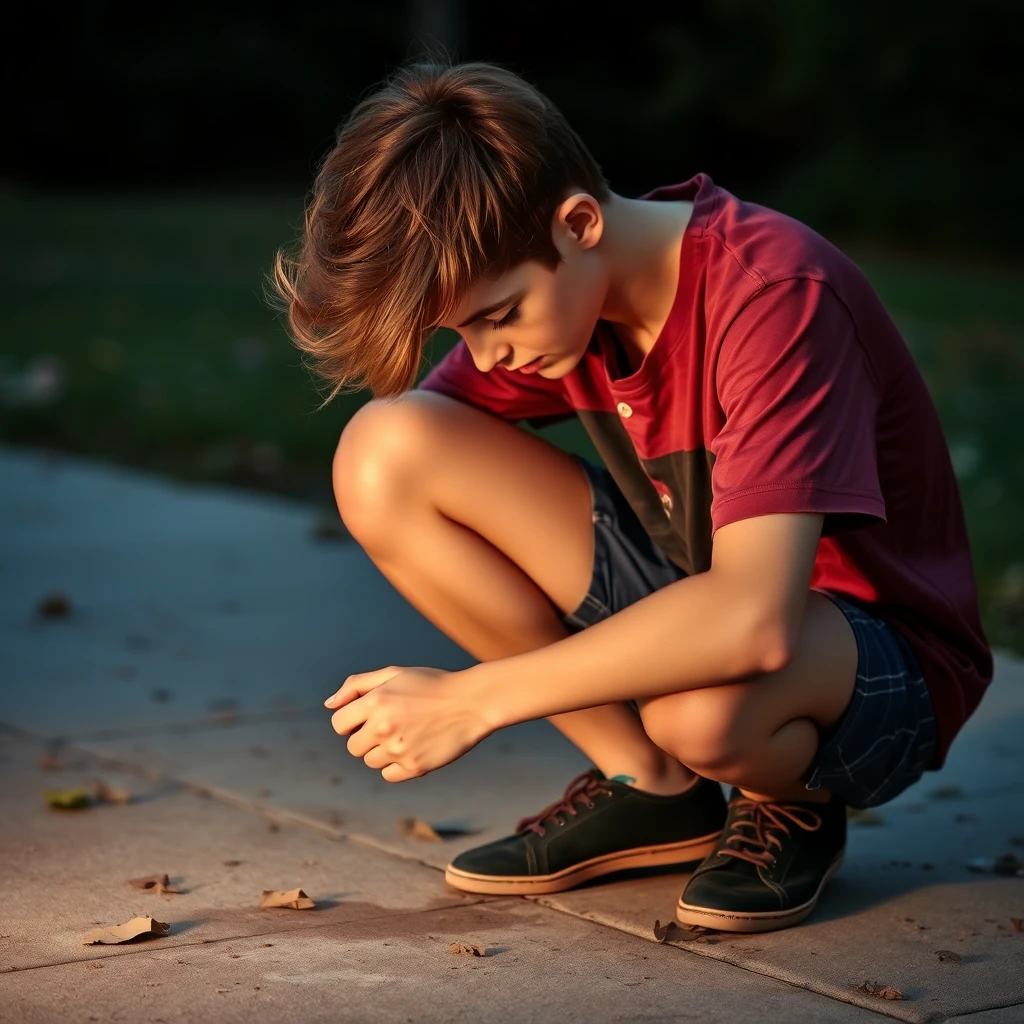 The teen is squatting on the ground to urinate. - Image