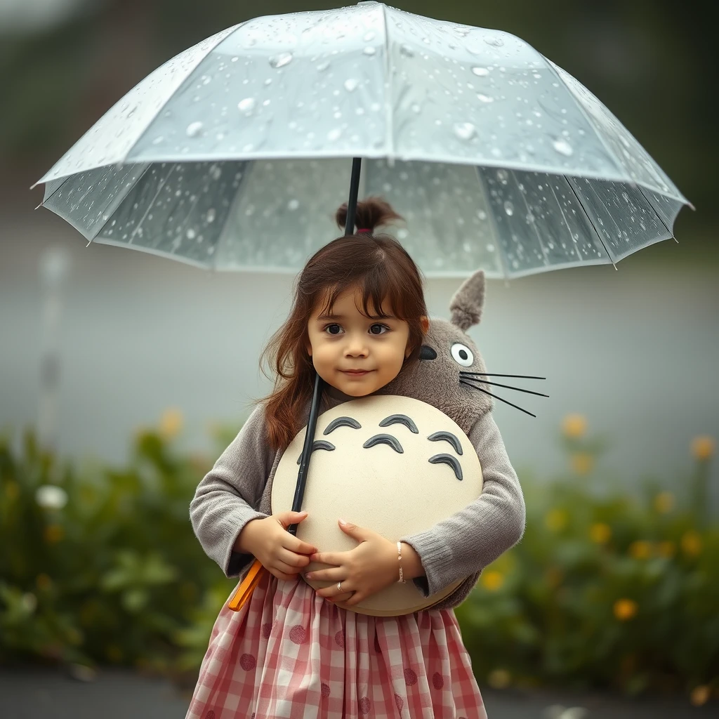 "Real photo, a little sister holding an umbrella with Totoro."