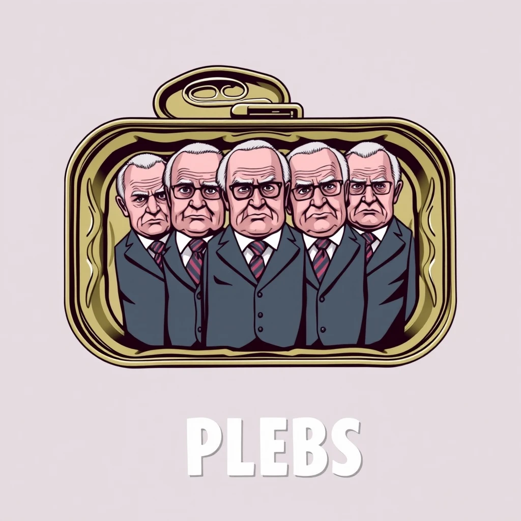 A playful t-shirt design of an open sardine can with the twist-off top, featuring five live rich old men standing straight up and packed shoulder to shoulder in business suits, all with scowls on their faces, and the text "PLEBS" underneath, as a t-shirt design. View from the front. - Image