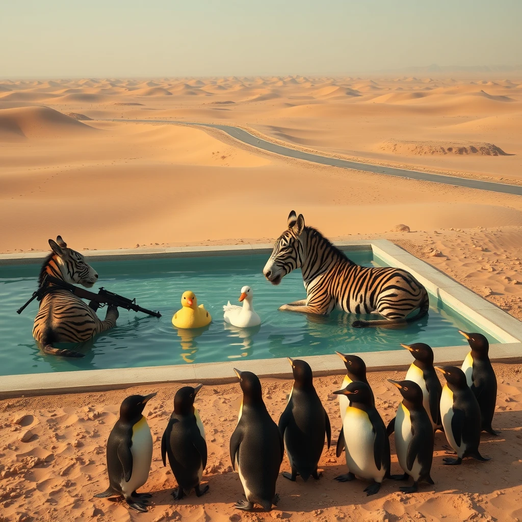 In an endless desert, a donkey and a duck are very cozy lying in a clear swimming pool, two armed tigers with weapons are their guards. Not far from the swimming pool, there is an endless road where a few penguins are heavily burdened. The duck and donkey are mocking the penguins.