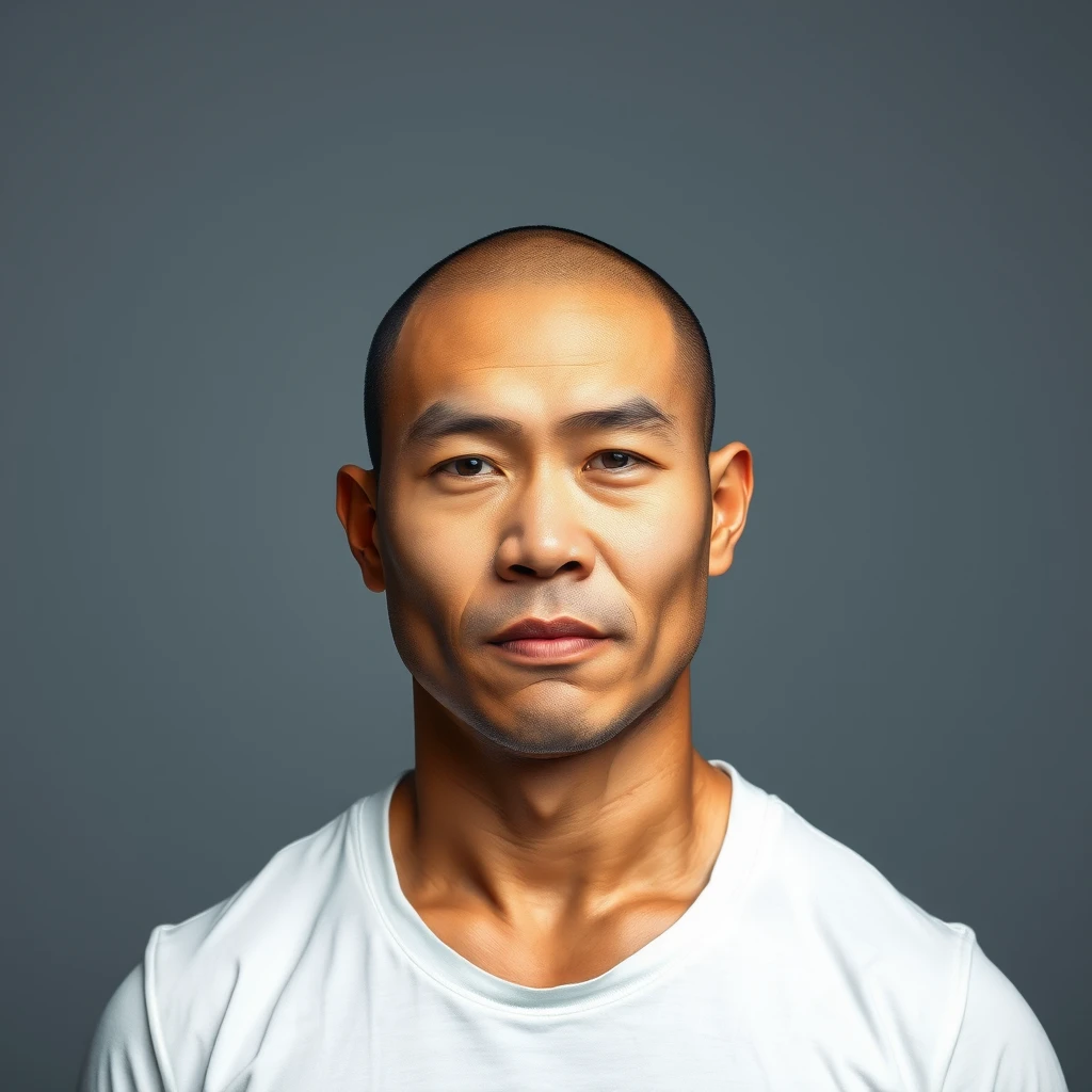 A full body portrait of a muscular, beefy Asian male, wearing a white T-shirt, with high body fat, buzz cut, 4k, detail, HD, realistic, masterpiece.