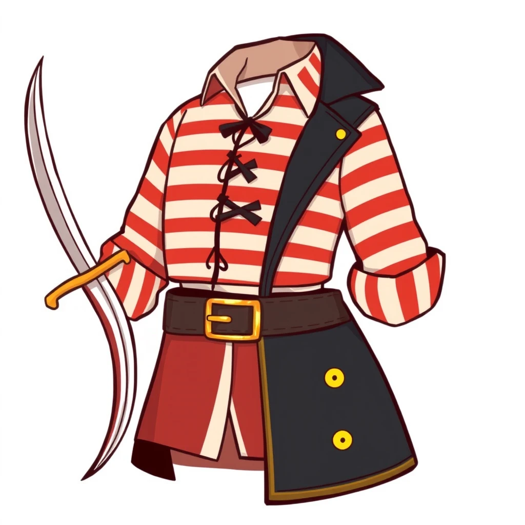 Create a stylized illustration of a pirate outfit. The design should feature a striped red and white shirt with a black lace-up front, a gold-buckled belt, and a sheathed cutlass. The outfit should also include a black coat with gold trim and buttons. The style should be clean and cartoonish, with bold lines and vibrant colors, evoking a playful and adventurous pirate theme.