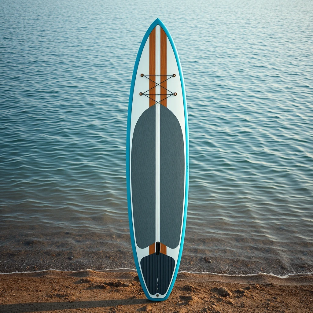 Close-up of a surfboard standing vertically on the shore near a body of water, product presentation photo, lake blue color, high technical detail, frontal symmetry, daoshi, ergonomics, portrait c 1 2. 0, very detailed picture, high altitude, Yolo, Aokan, courtyard, SUP, back, air, lines, on the lake, trailer. - Image