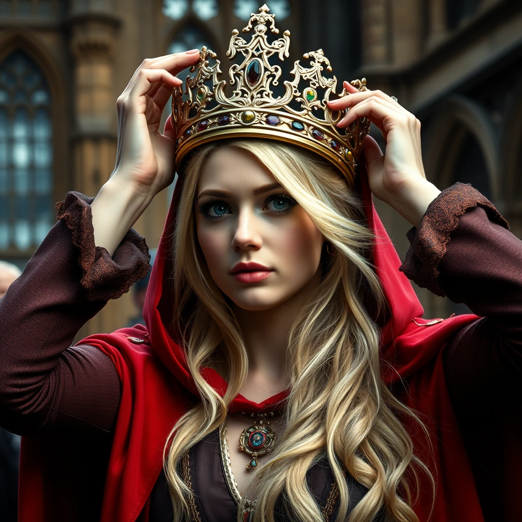 Photo realistic: Blonde fantasy heroine with a red cloak is crowned in Westminster.