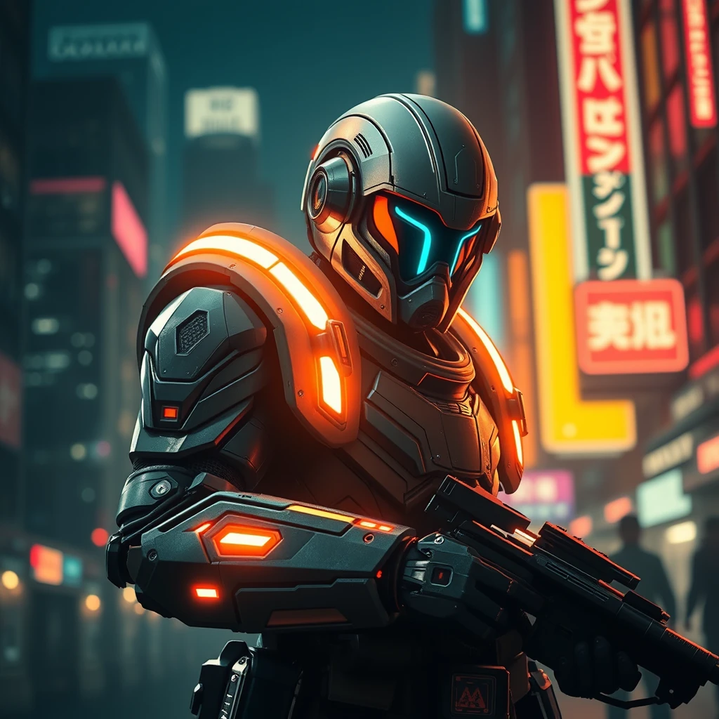 "Future warrior with ultra-modern laser armor, cyberpunk style, night scene of a neon-lit city." - Image