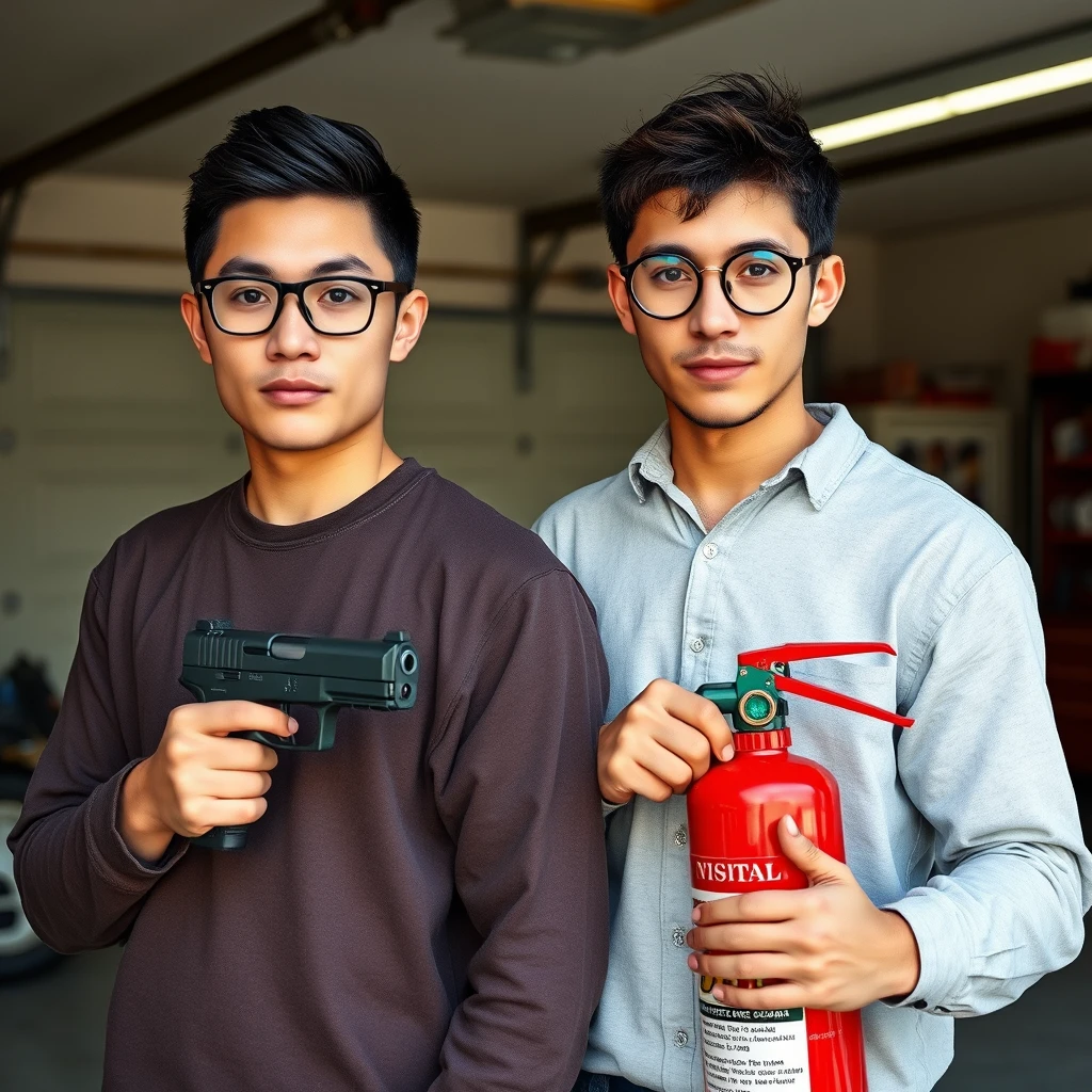 21-year-old white Chinese man with square glasses, mullet hair, holding a pistol; 20-year-old white Italian man with round prescription glasses and short hair holding a large fire extinguisher, garage setting. - Image