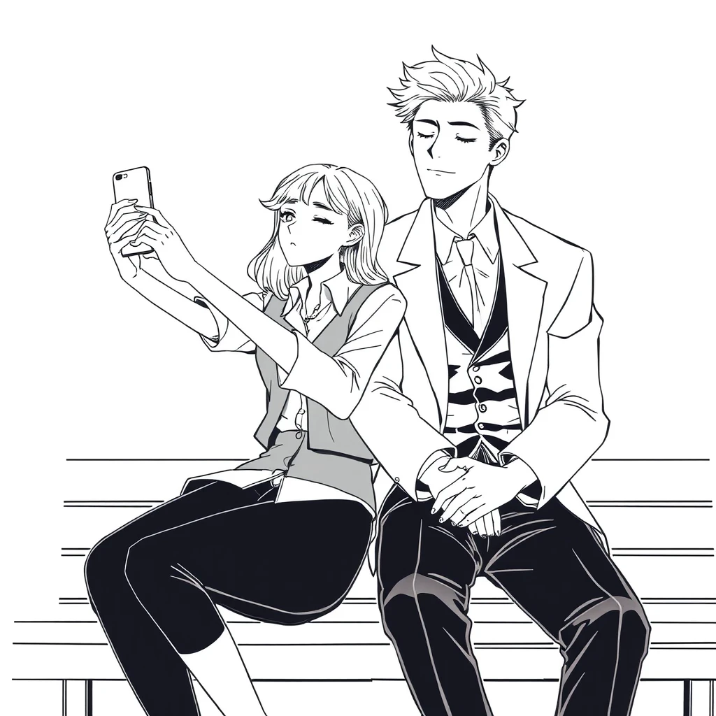 A girl in a shirt and vest took a selfie with her phone, a boy leaned on her shoulder, the boy is tall and handsome, wearing an open suit, he closed his eyes and is sleeping, and they sat on a bench with their hands intertwined. Line art. - Image