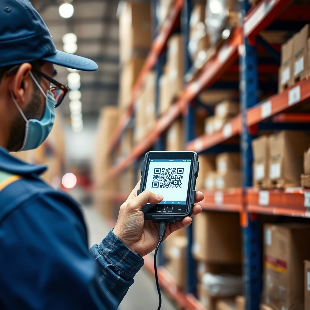 A warehouse manager is holding a PDA and scanning the QR code on the shelf. - Image