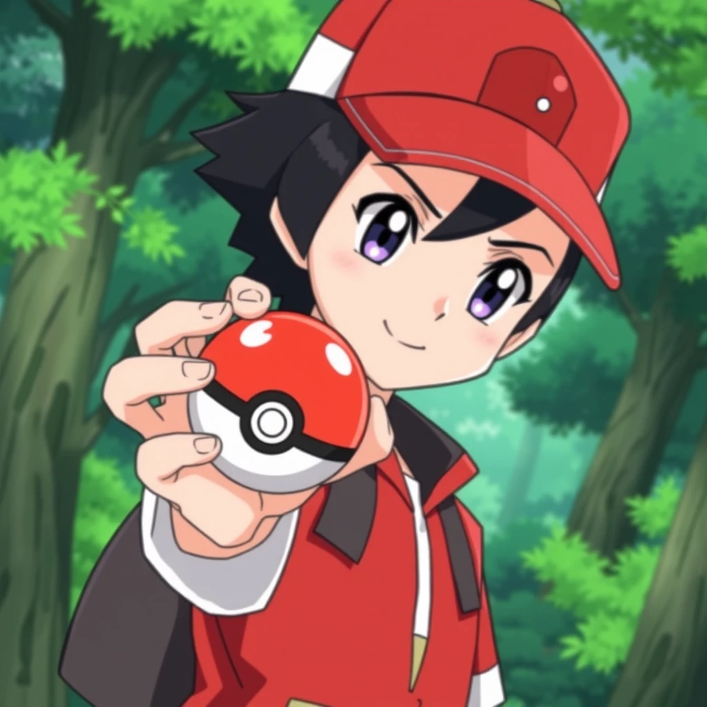 Anime art style, Pokémon trainer Red holding a Pokéball, short black hair, red and white cap, green forest background.