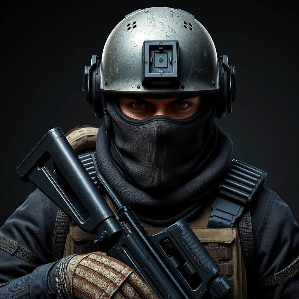 A detailed and realistic photograph of an armed soldier in the style of Unreal Engine. He is wearing full gear including a helmet covering his face, tactical vest, and gloves. Call Of Duty game style character design, high resolution, high quality, high detail, high definition, high quality. - Image