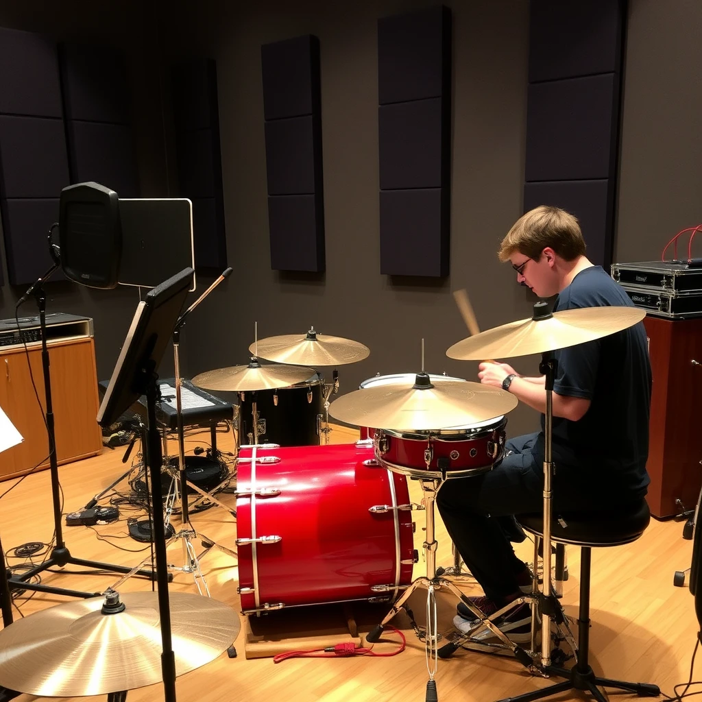 Audio tech recording high school band drum section