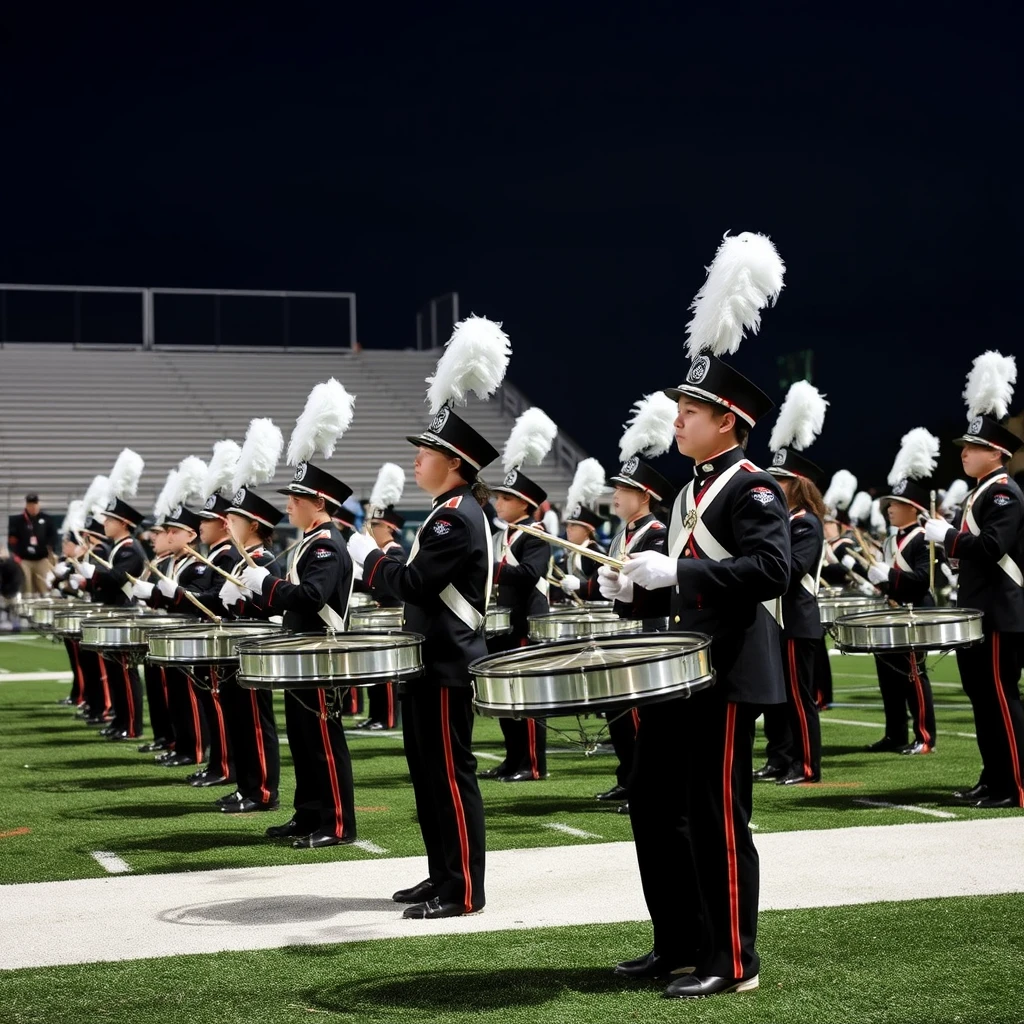 High school band cymbal section on football field - Image