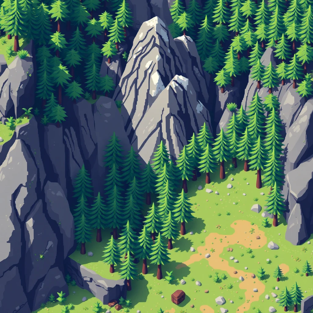 Mountain forests area, pixel art, 2D landscape game, scroll game, flat. - Image