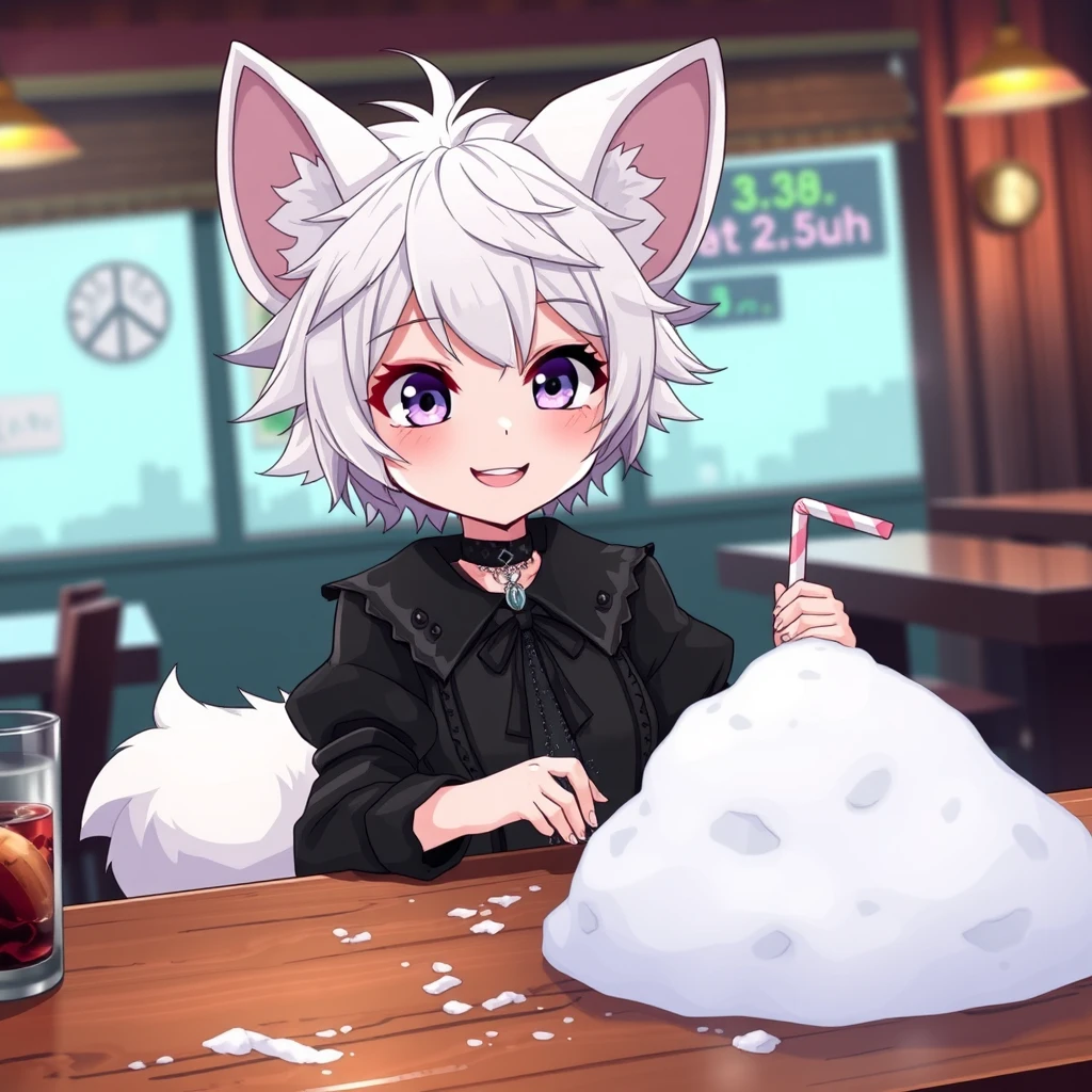 Cute anime girl with fluffy fennec ears and a fluffy tail, white messy short hair, purple eyes, wearing a goth outfit, sitting at the table in a bar. On the table is a small mountain of snow. The girl looks with a big crazy smile at the snow and has a straw without a kink in her right hand. - Image