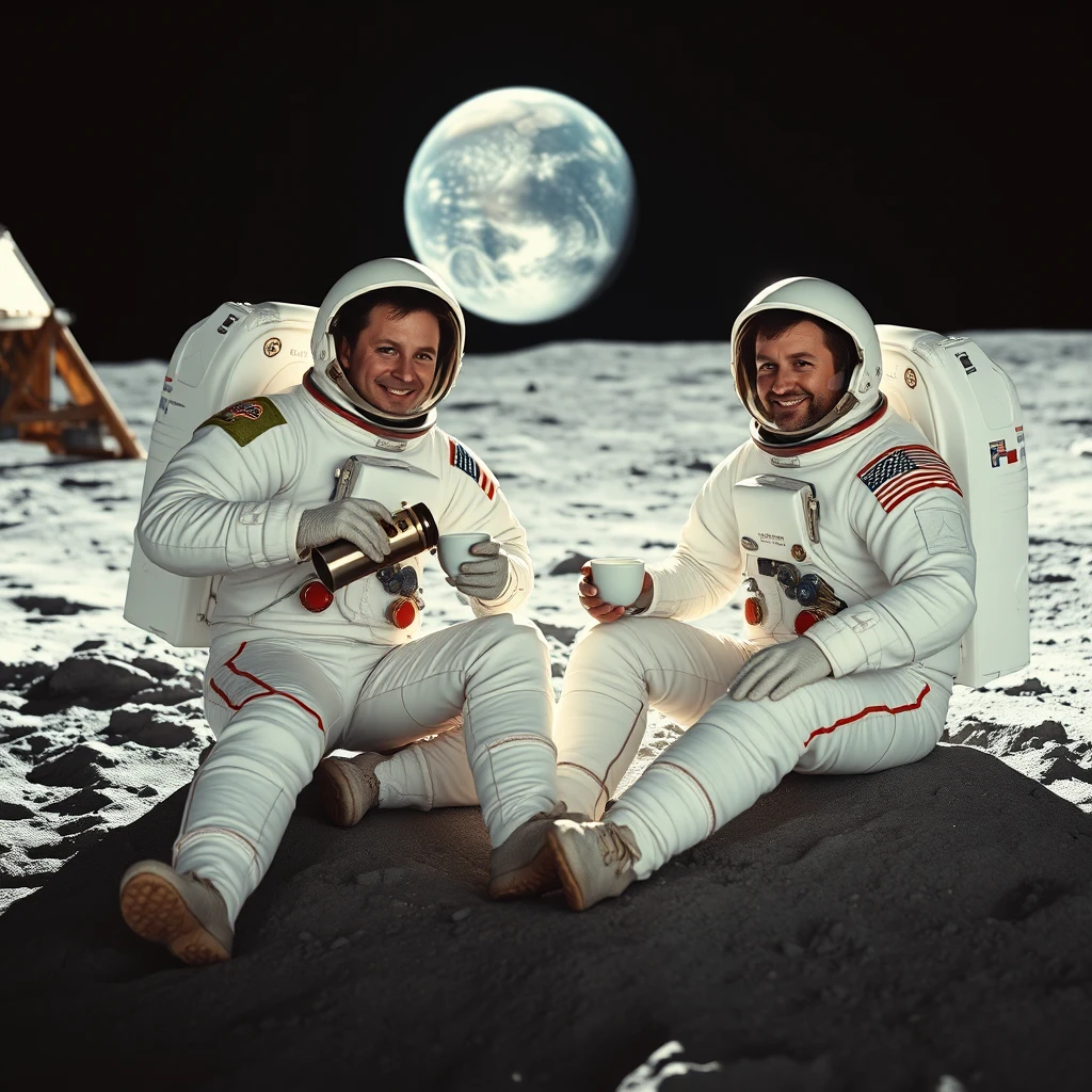 Two astronauts in full space suits are sitting on the moon’s surface, each holding a tea cup. They are positioned near their lunar module, with the Earth visible in the background. The moon’s gray, cratered landscape is illuminated by the sun. One astronaut is pouring tea from a thermos, while the other is holding a cup. Their expressions are relaxed and joyful, enjoying a moment of tranquility in the vastness of space.