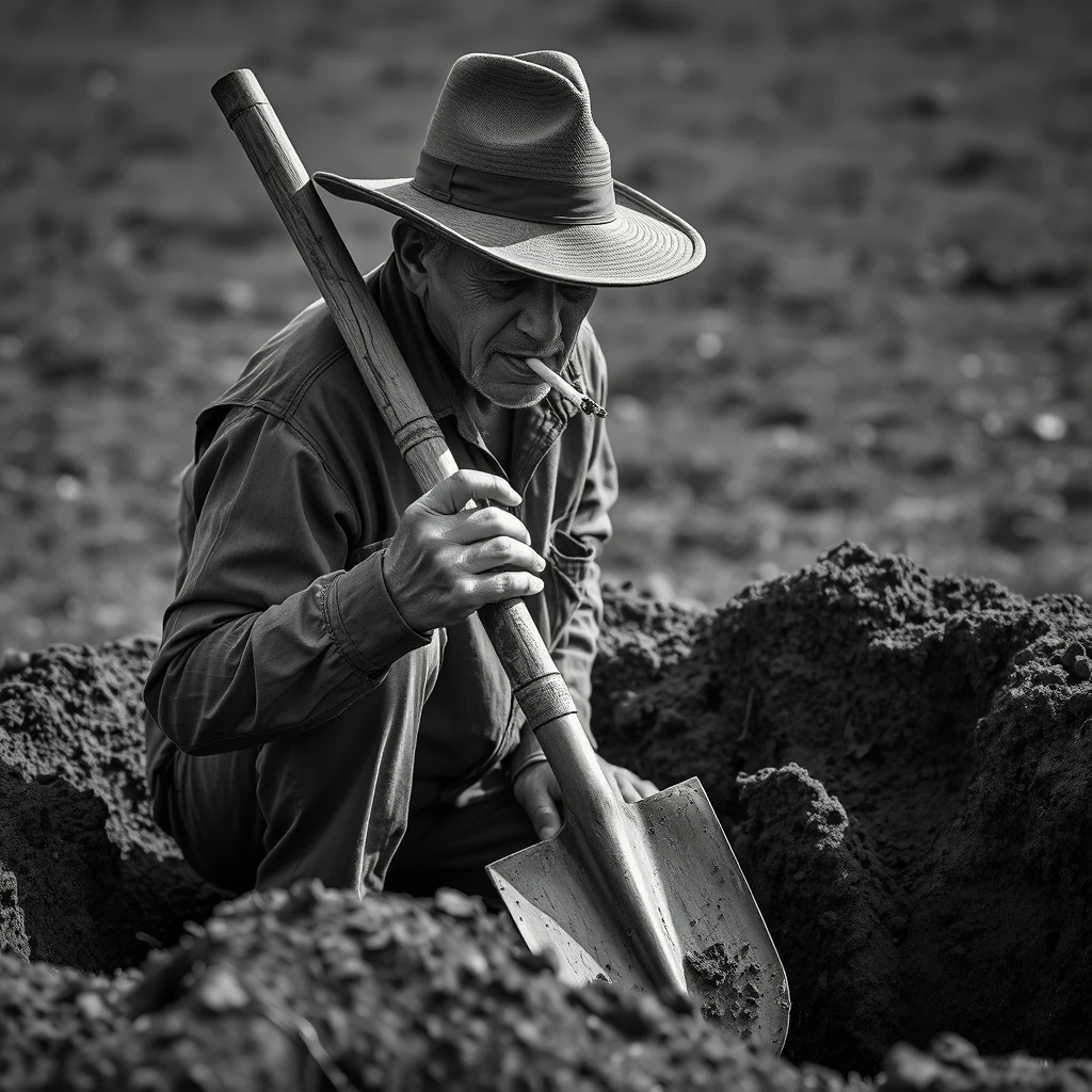 /image prompt: person, worker, hat, cigarette, spade, dig a well,dig a well,dig a well, but no water comes out, strong contrast, sharp lines, classic composition, photo real, Shot on a 50mm lens, masterpiece, exquisite, amazing visual effects, crazy details, intricate details, sharp focus, super high effect, HD, 16k --ar 16:9 --v 6.0/ - Image