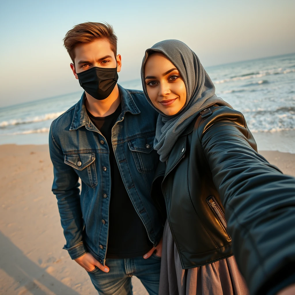 Jamie Dornan's head and body shot, handsome, black face mask, denim jacket, jeans, dating the biggest grey hijab Muslim girl, beautiful eyes, black face mask, black leather jacket, biggest skirt, at the beach, hyper-realistic, street photography, selfie. - Image