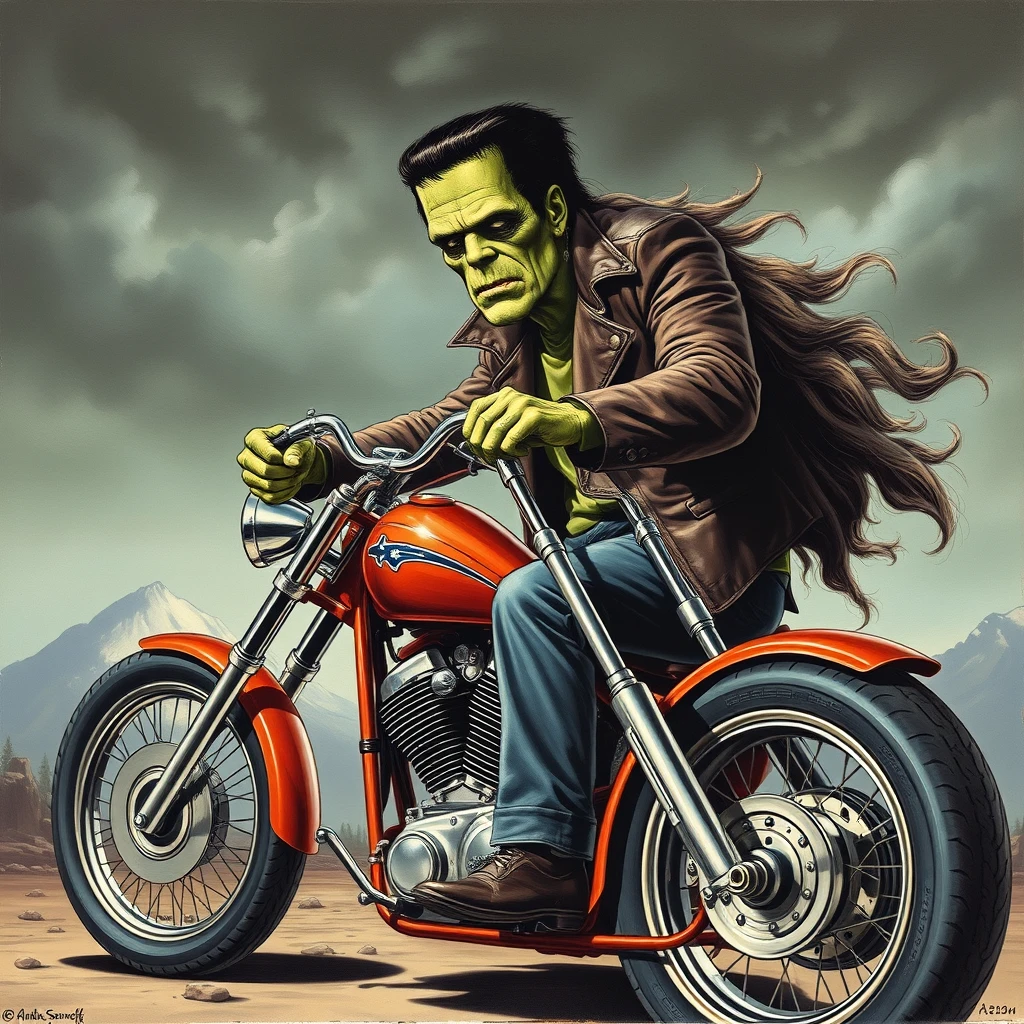 Frankenstein with long hair on his Harley chopper, by Arthur Sarnoff.