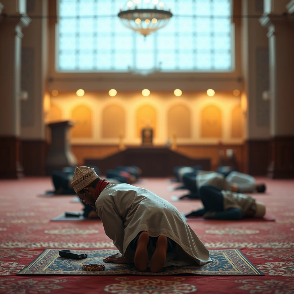 Create a full HD image of a Muslim in the act of praying to Allah. The scene should capture a person in a traditional prayer position (Sujood) on a prayer mat, wearing traditional Islamic attire such as a prayer garment or modest clothing. The setting should be serene and respectful, with a focus on the individual's devotion and concentration. The background can include elements such as a softly lit prayer space or a mosque interior. Use realistic details, warm and soft lighting, and muted colors to create a peaceful and contemplative atmosphere. - Image