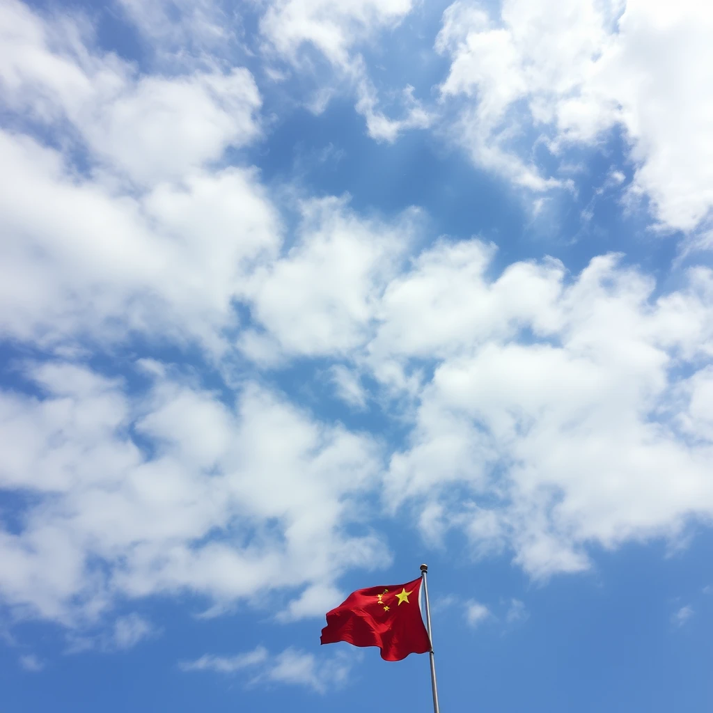 blue sky, wind, summer, a lot of white clouds, China flag - Image