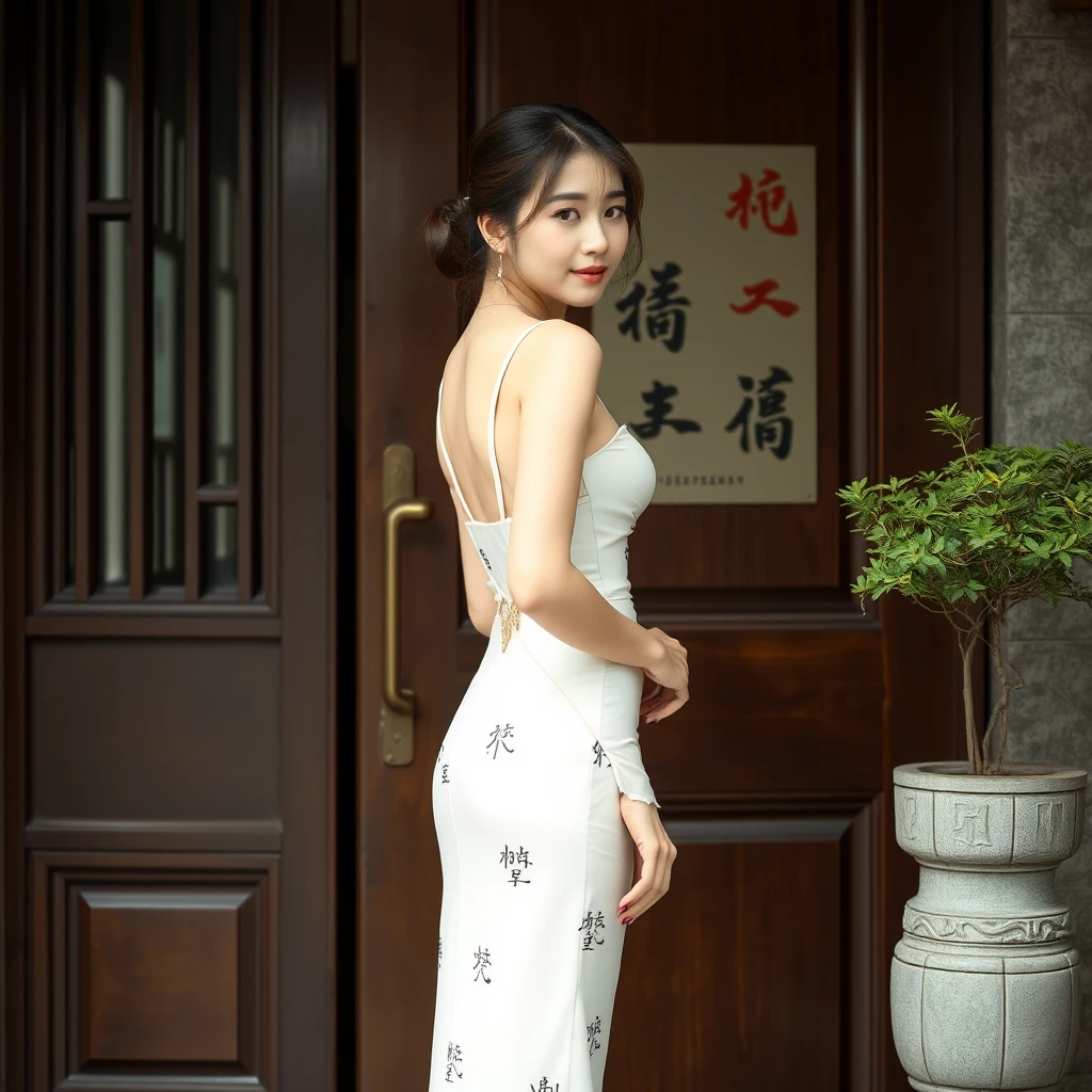 A beautiful woman is standing at the door of a house, she is turned to the side, not facing forward, with Chinese characters. Her whole body can be seen.