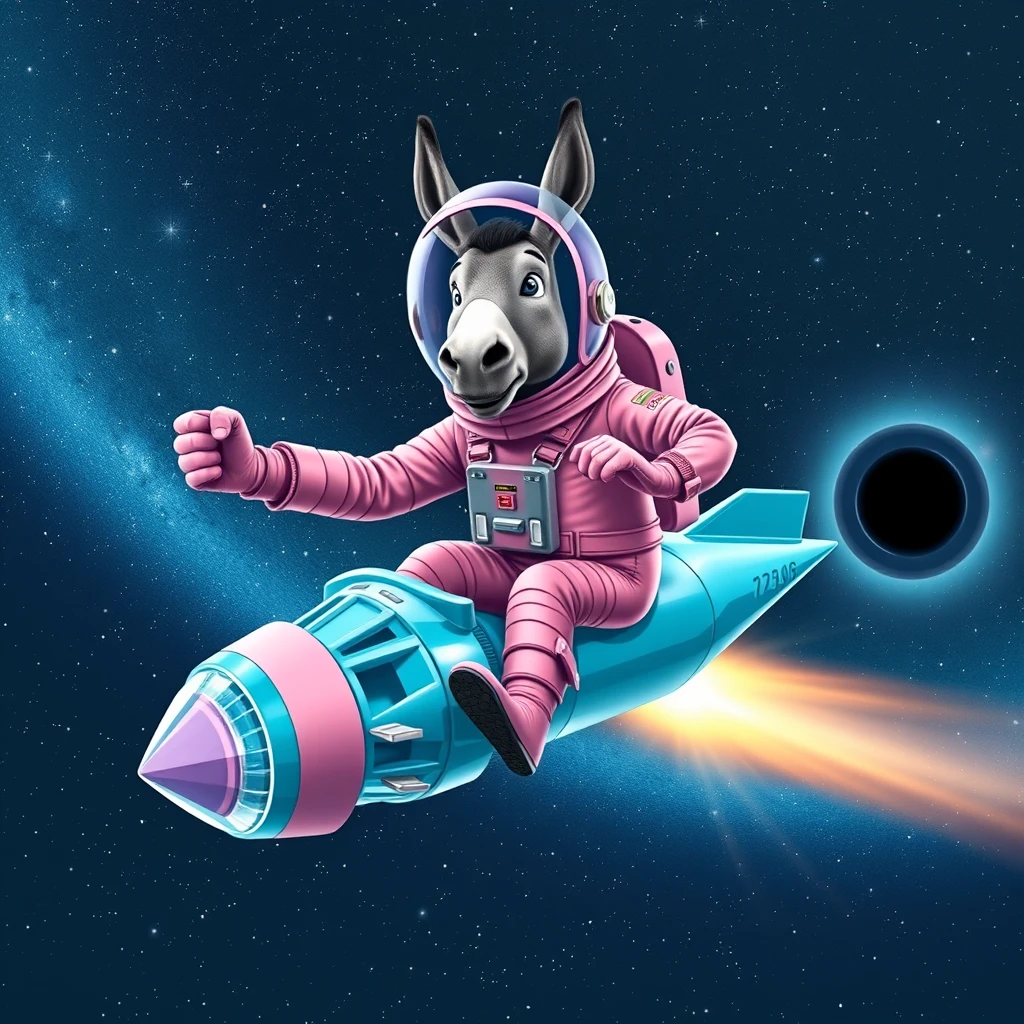 An ambitious donkey wearing pink astronaut costume, riding on a crystal stunning cyan spaceship, making a punching gesture, flying to the outerspace under a clear night sky with lots of shining stars, passing by a huge black-hole. Realistic style.