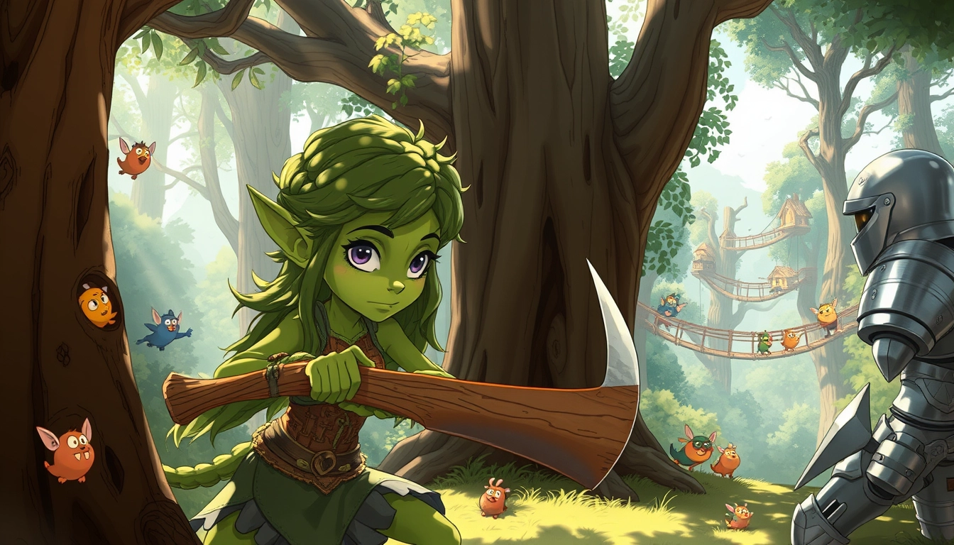 A whimsical forest scene in the style of Studio Ghibli. A beautiful goblin woman with emerald skin, large expressive eyes, and wild moss-green hair wields a rustic wooden axe. She faces off against a human female knight in shining silver armor. The goblin girl is gaining the upper hand, her movements nimble and determined. Sunlight filters through lush foliage, casting dappled shadows. Colorful forest spirits peek out from behind ancient trees, watching the confrontation with curiosity. The background features a distant treehouse village connected by rope bridges. Soft, earthy color palette with vibrant pops of magic. Flowing linework and ethereal atmosphere typical of Miyazaki's films.