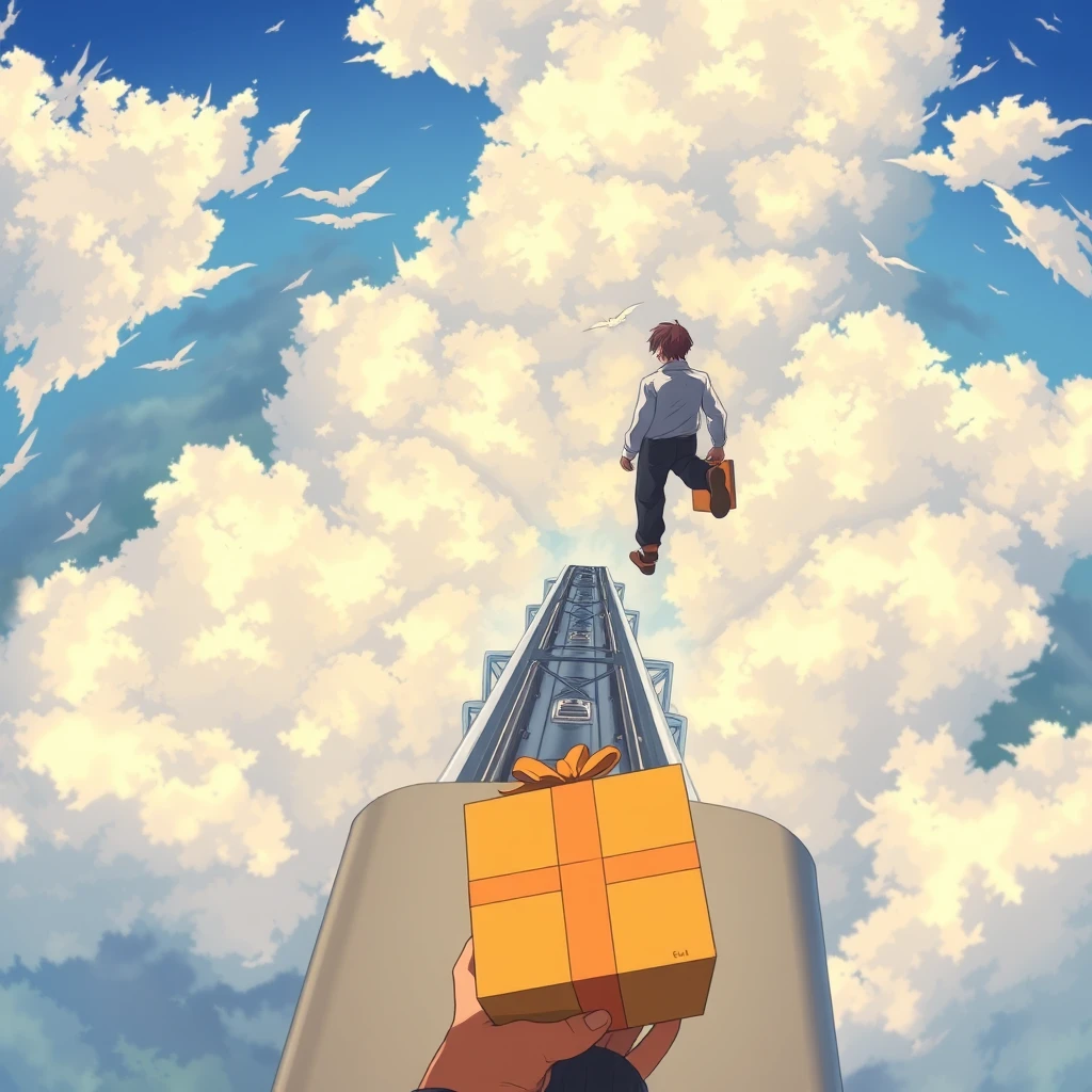 View from above, a man walking on top of a moving train heading towards the sky. A present box dropped from her hand, anime.