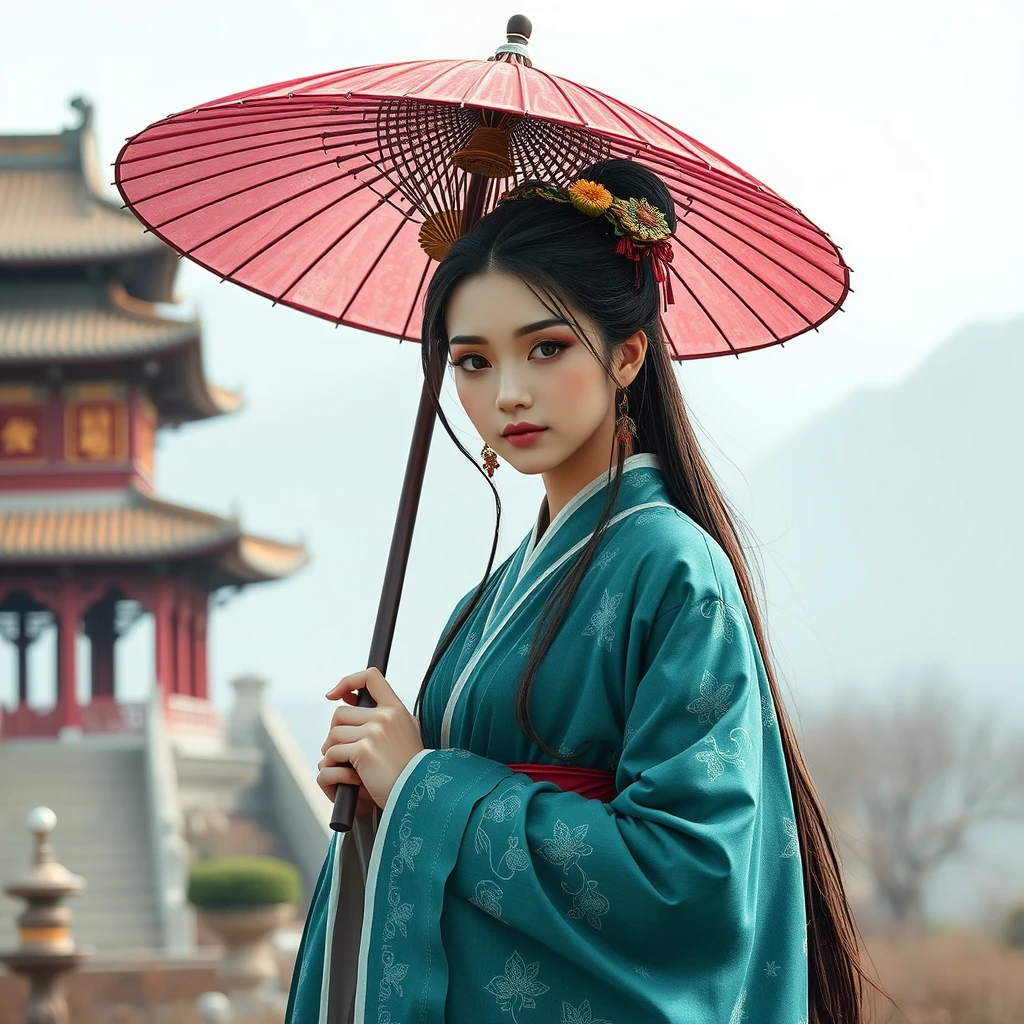 An ancient Chinese beauty wearing Hanfu holds an umbrella, with a temple in the background.